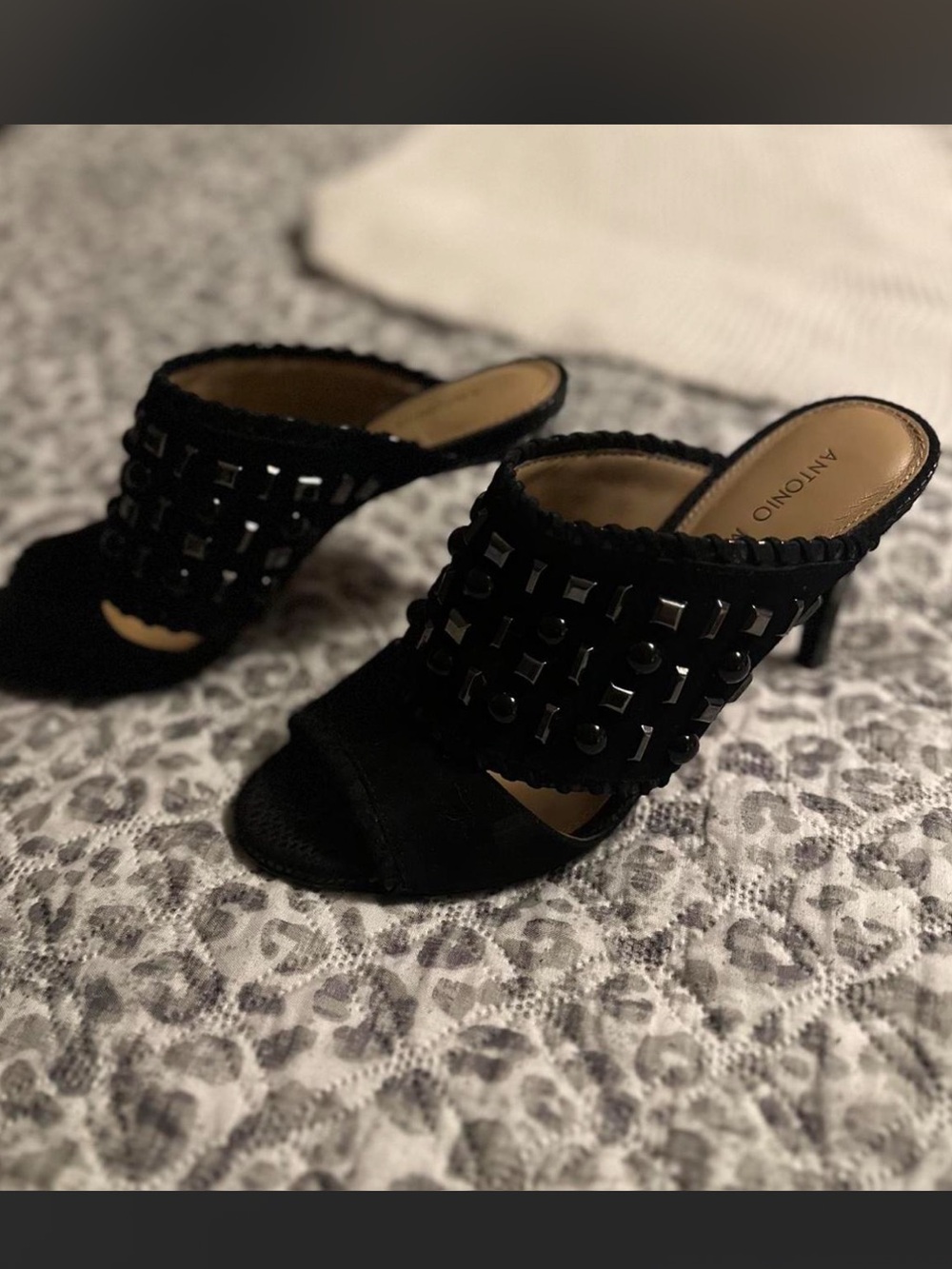 ANTONIO MELANI Black Studded Open-Toe Mule Heels